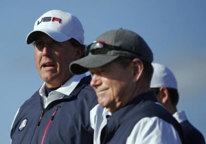 U.S. Ryder Cup player Phil Mickelson stands with captain Tom Watson during his fourballs 40th Ryder Cup match at Gleneagles