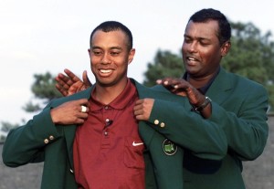 Tiger Woods (L) of the US gets his second green ja